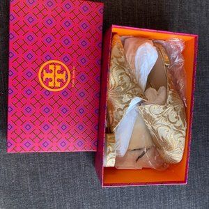 Tory Burch NIB Size 7.5/37 Gold/Beige Carlotta Slide Printed Mules